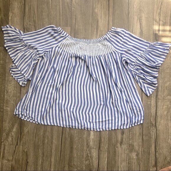 2/$20 a.n.a. Off Shoulder Striped Blue White Top - Picture 9 of 12